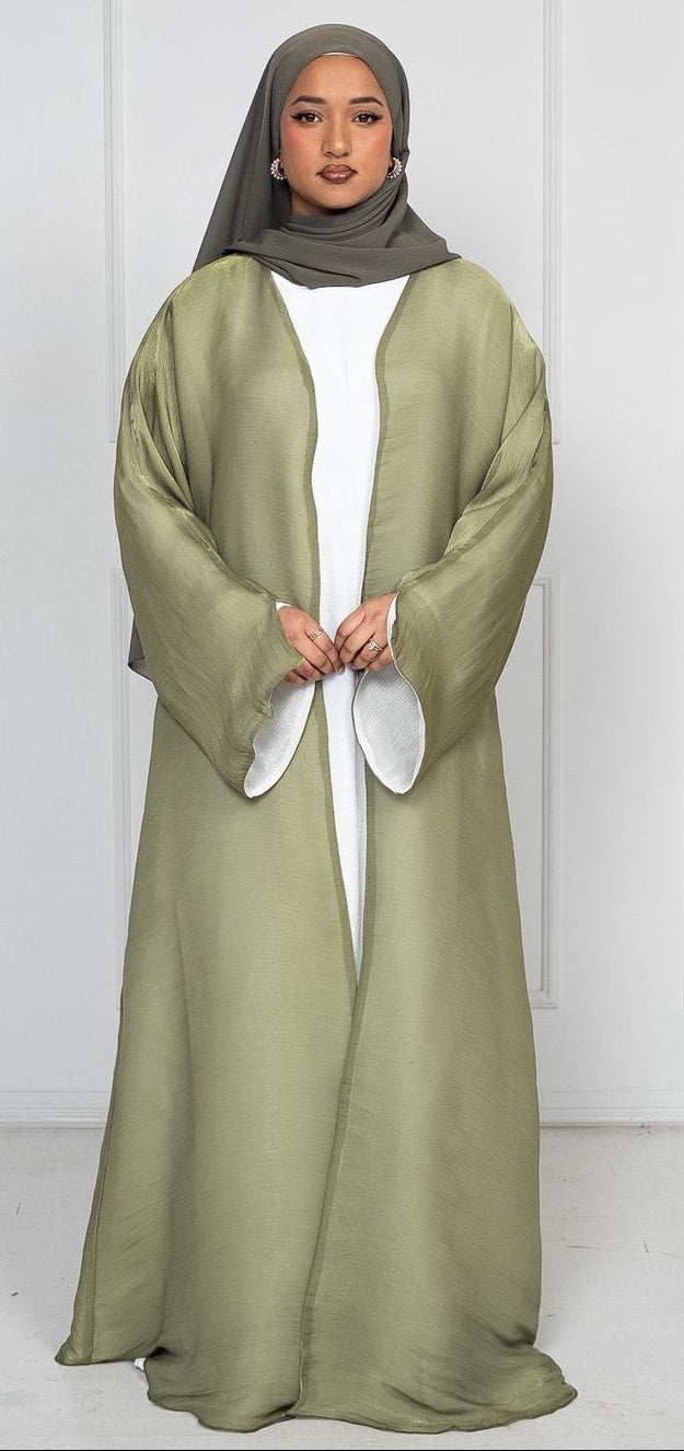 Luxury Organza Reversible Abaya – Olive / Pearl