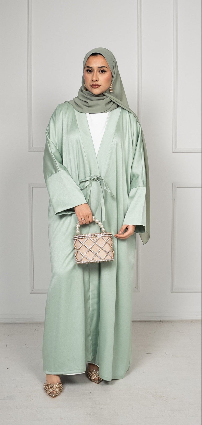 Sage Tie-Waist Open Abaya – A-Line Premium Silk-Feel Crepe