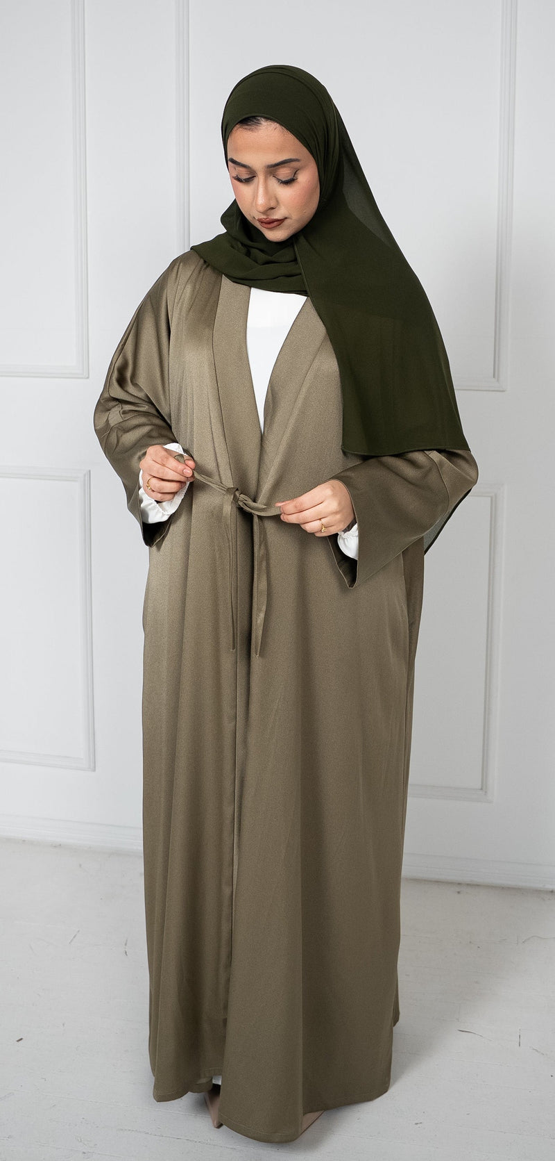 Olive Tie-Waist Open Abaya – A-Line Premium Silk-Feel Crepe