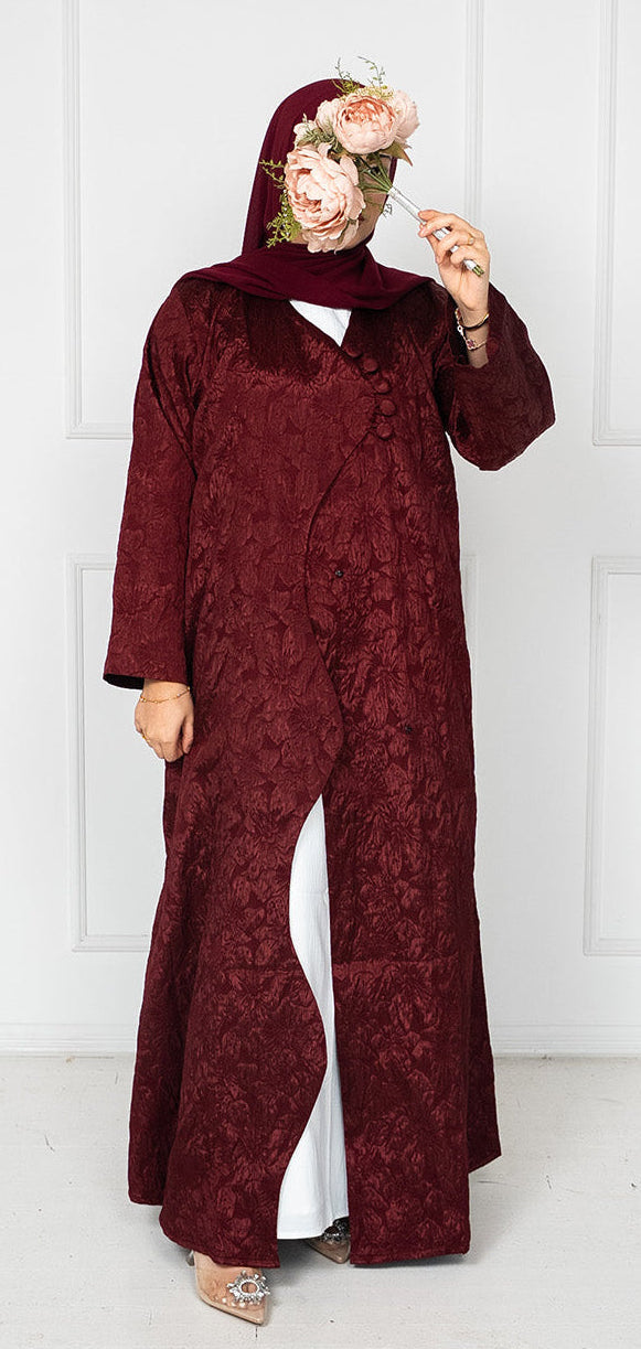 Hibbah Jacquard Abaya with Button Front Closure - Burgundy