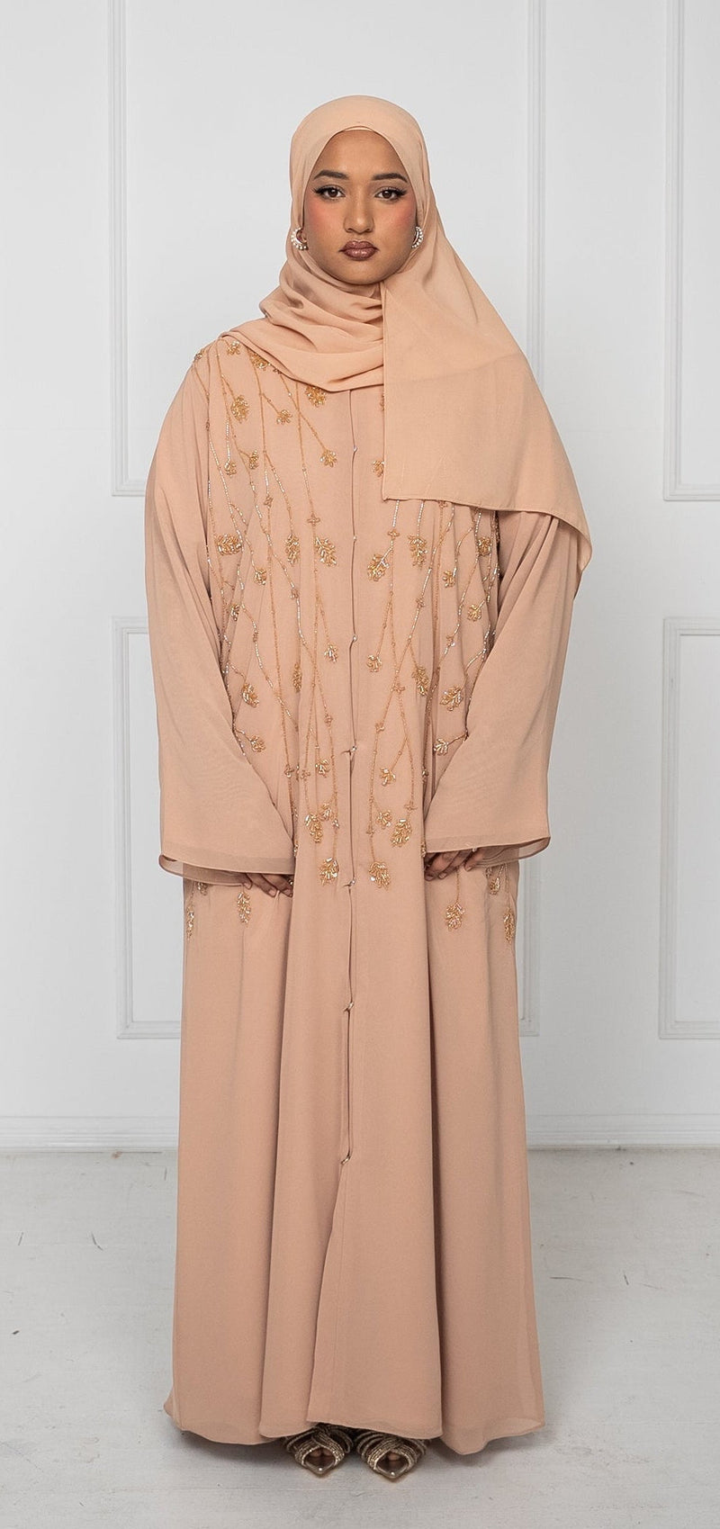 Luxury Beaded Closed Chiffon Statement Abaya - Taupe