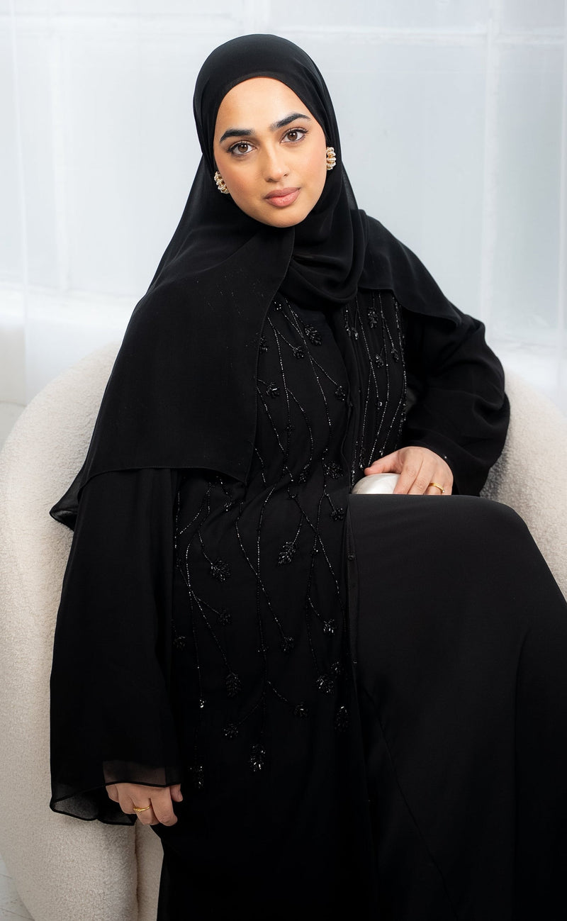 Luxury Beaded Closed Chiffon Statement Abaya - Black
