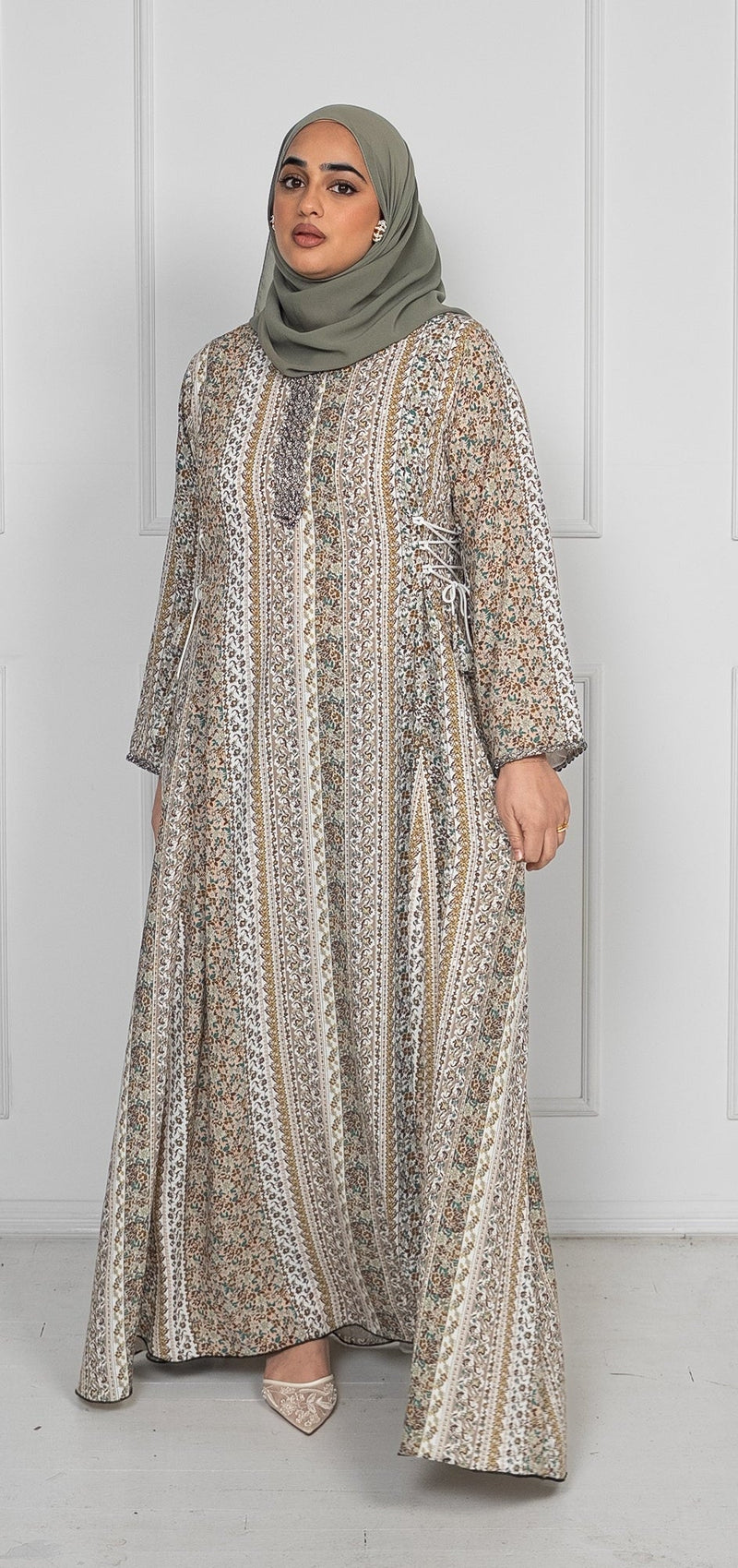 Printed Maxi Dress Abaya with Side Tassels and Embellishment – Sage