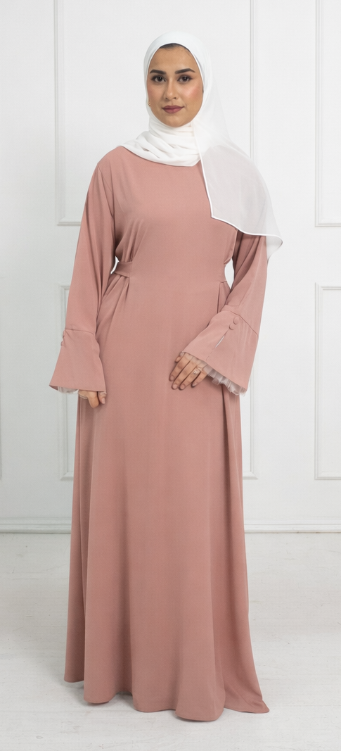 Alara Soft Tie-Back Abaya with Tulle Cuffs – Blush