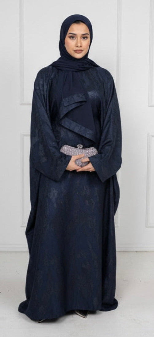 Jacquard Kaftan Abaya Set in Navy with Adjustable Inner Belt