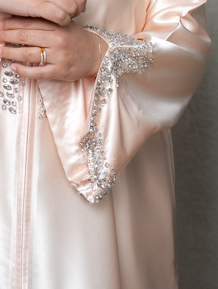 Luxury Satin Crystal Embellished A-Line Maxi Shirt Abaya - Peach