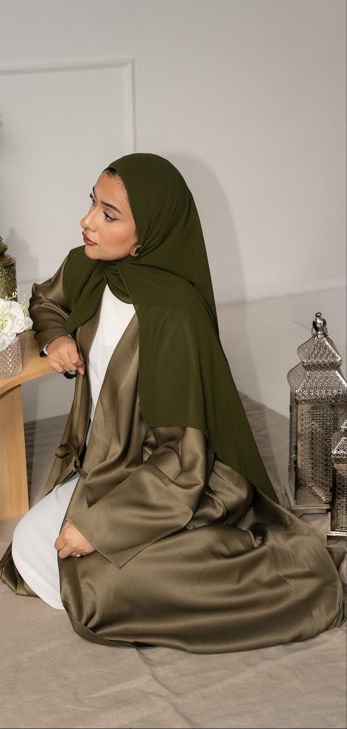 Olive Tie-Waist Open Abaya – A-Line Premium Silk-Feel Crepe