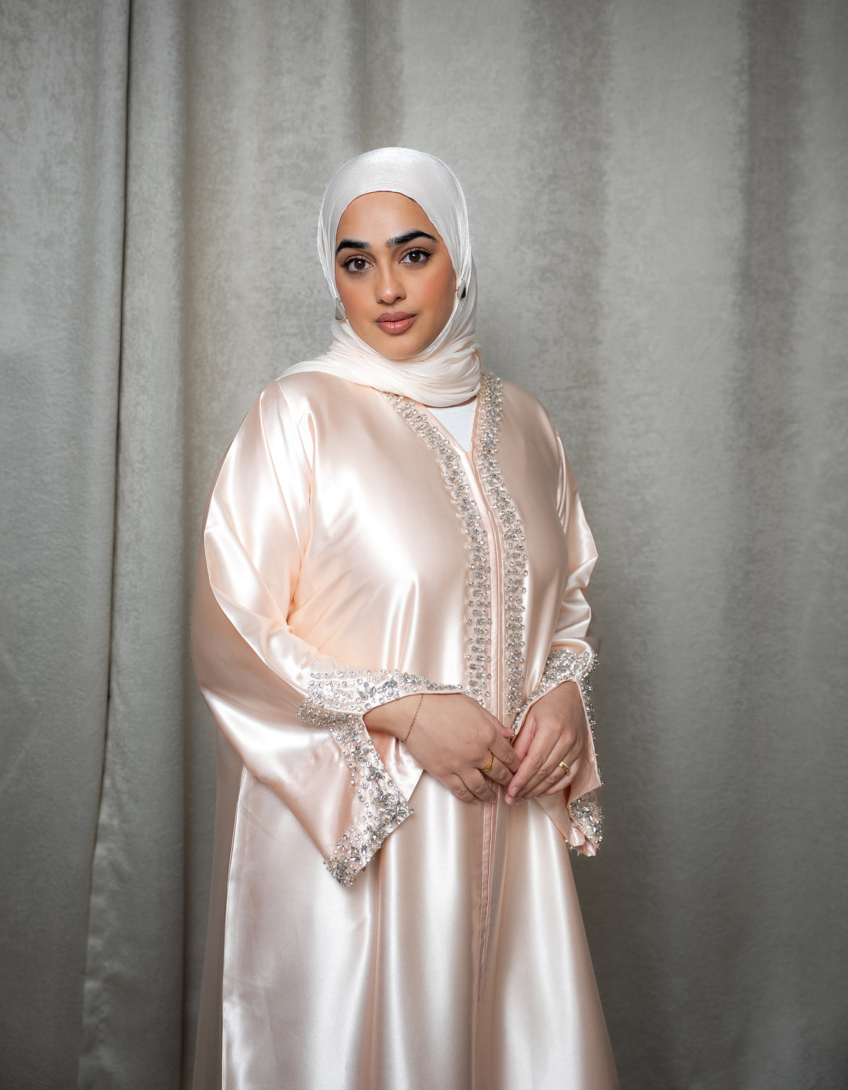 Luxury Satin Crystal Embellished A-Line Maxi Shirt Abaya - Peach
