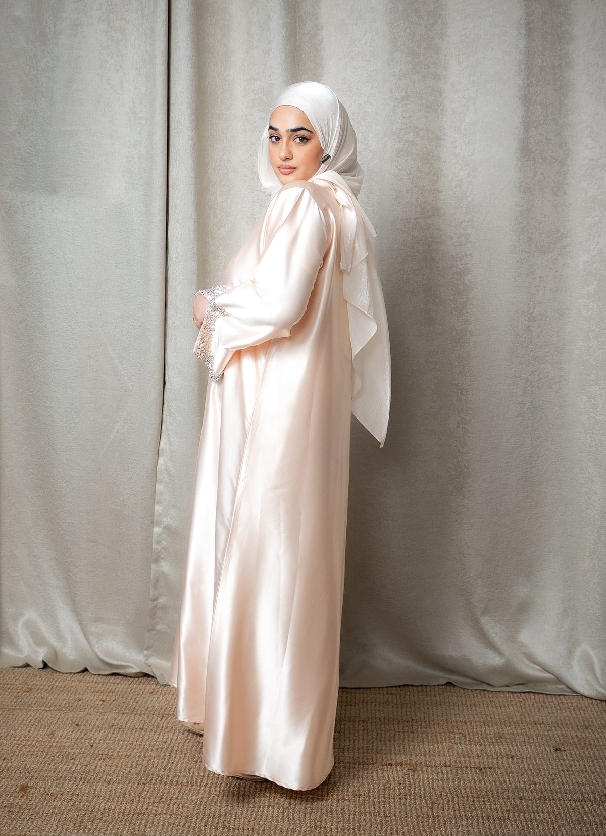 Luxury Satin Crystal Embellished A-Line Maxi Shirt Abaya - Peach