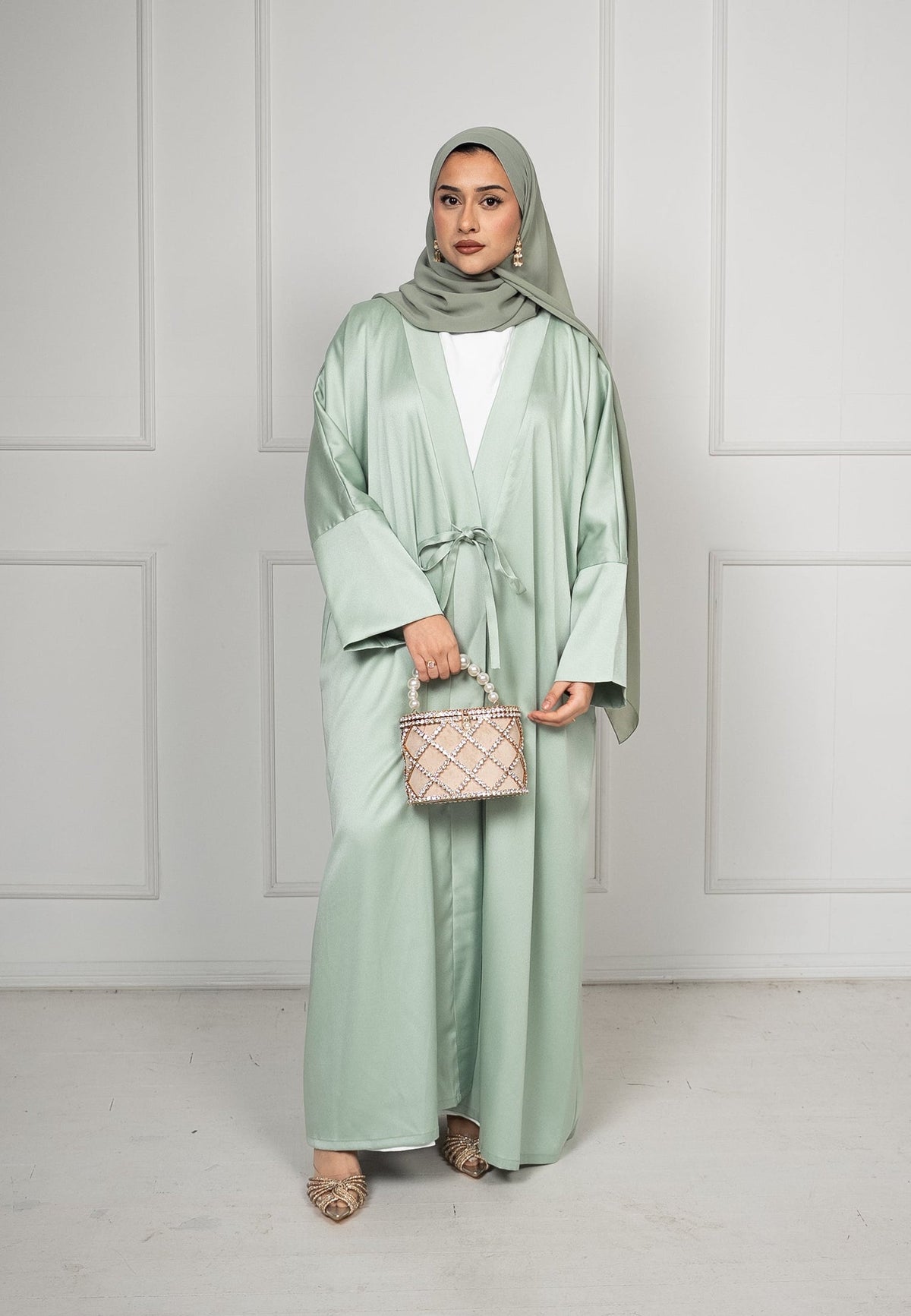 Dua Mint Green Open Tie-Waist Abaya – A-Line Premium Silk-Feel Crepe