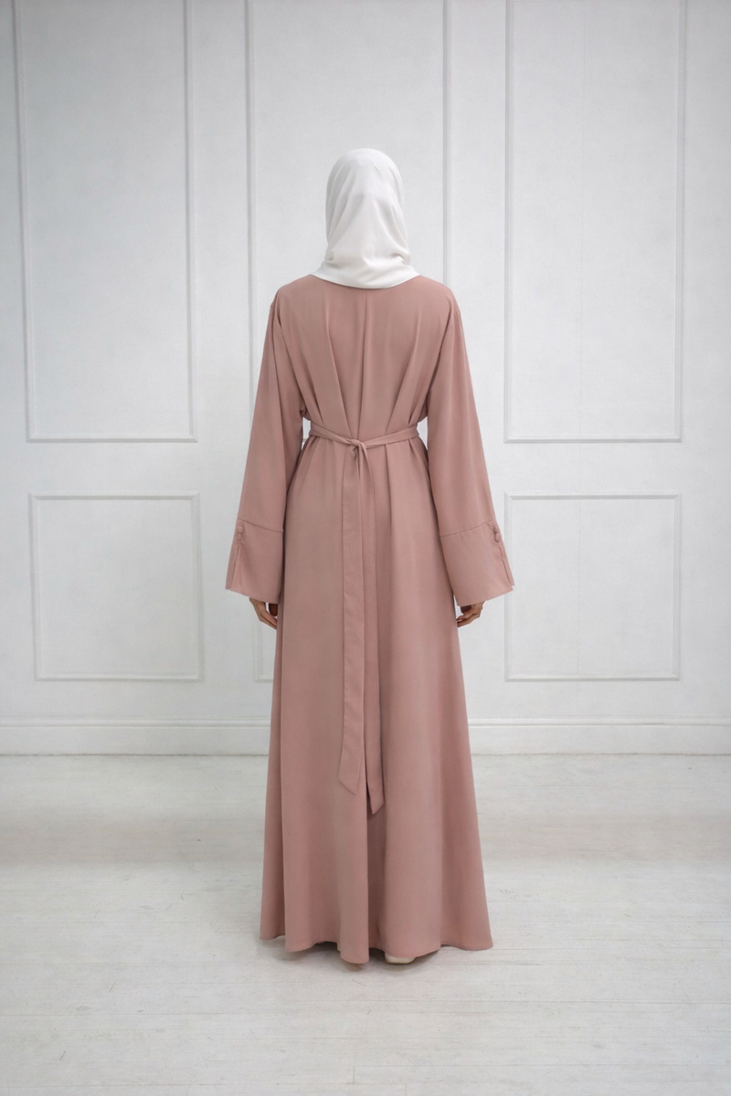 Alara Soft Tie-Back Abaya with Tulle Cuffs – Blush