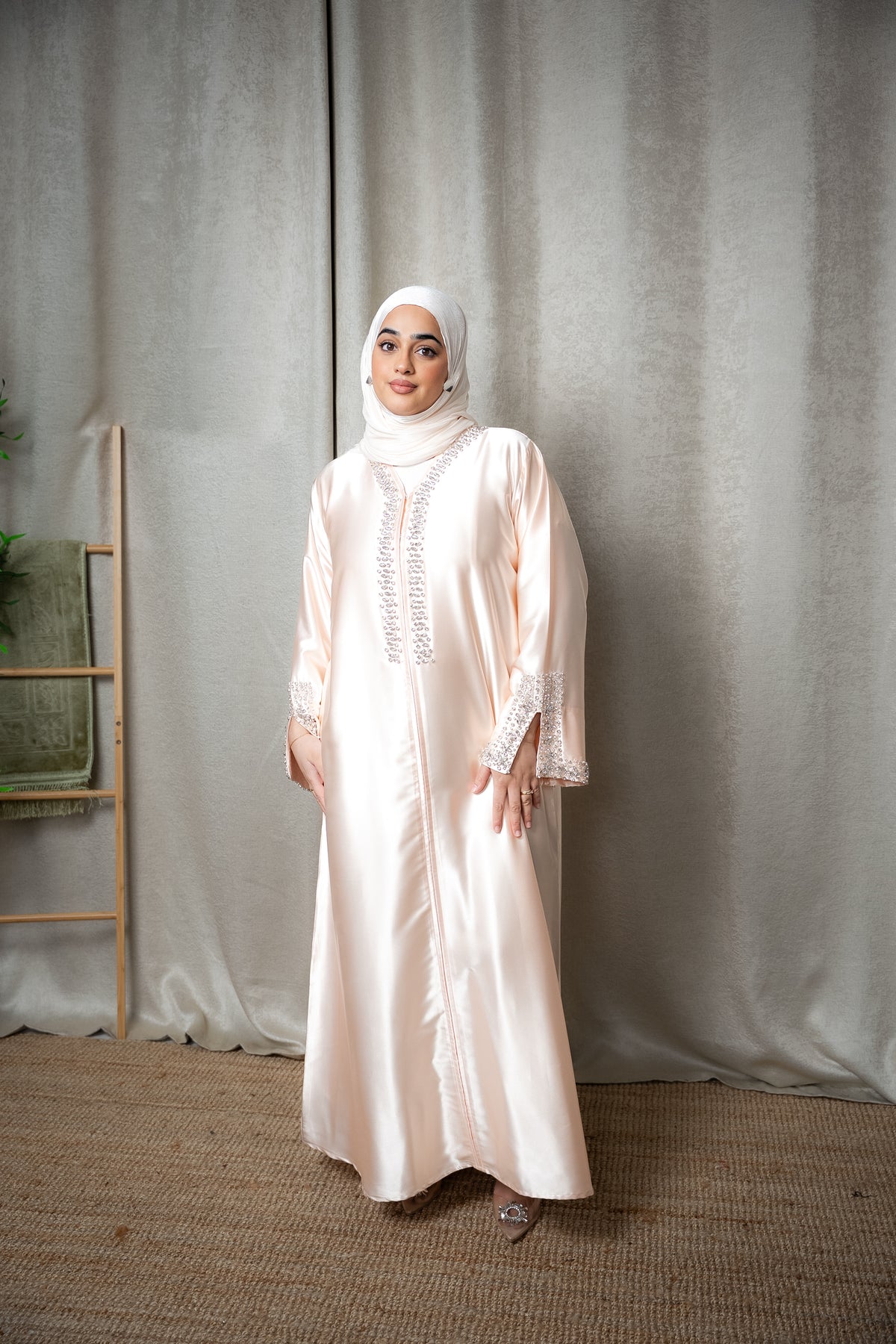 Luxury Satin Crystal Embellished A-Line Maxi Shirt Abaya - Peach