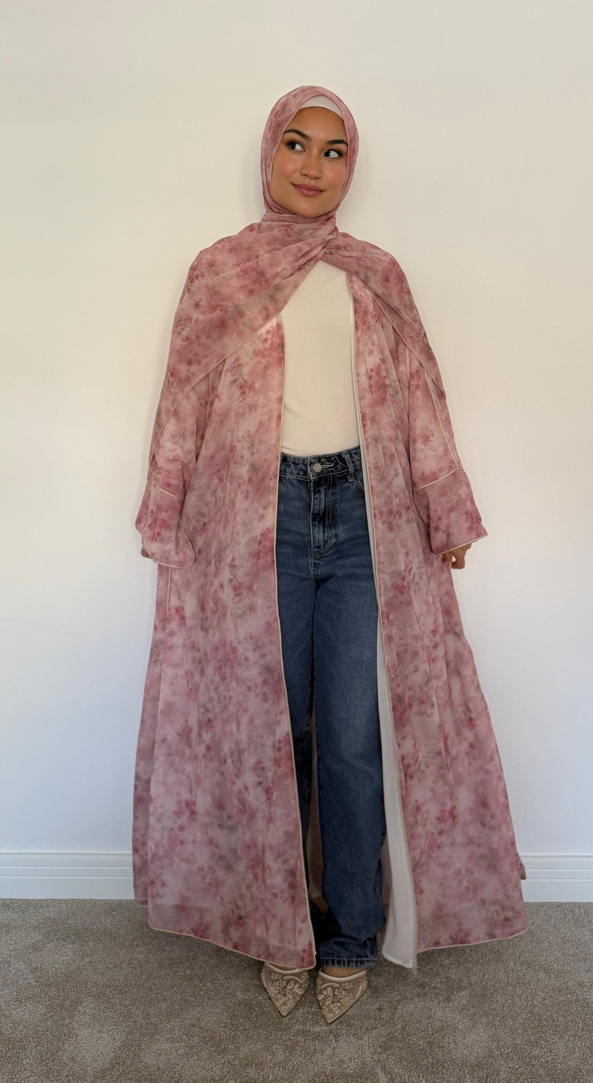 Alyssa Printed Floral Abaya Set - Blush Pink