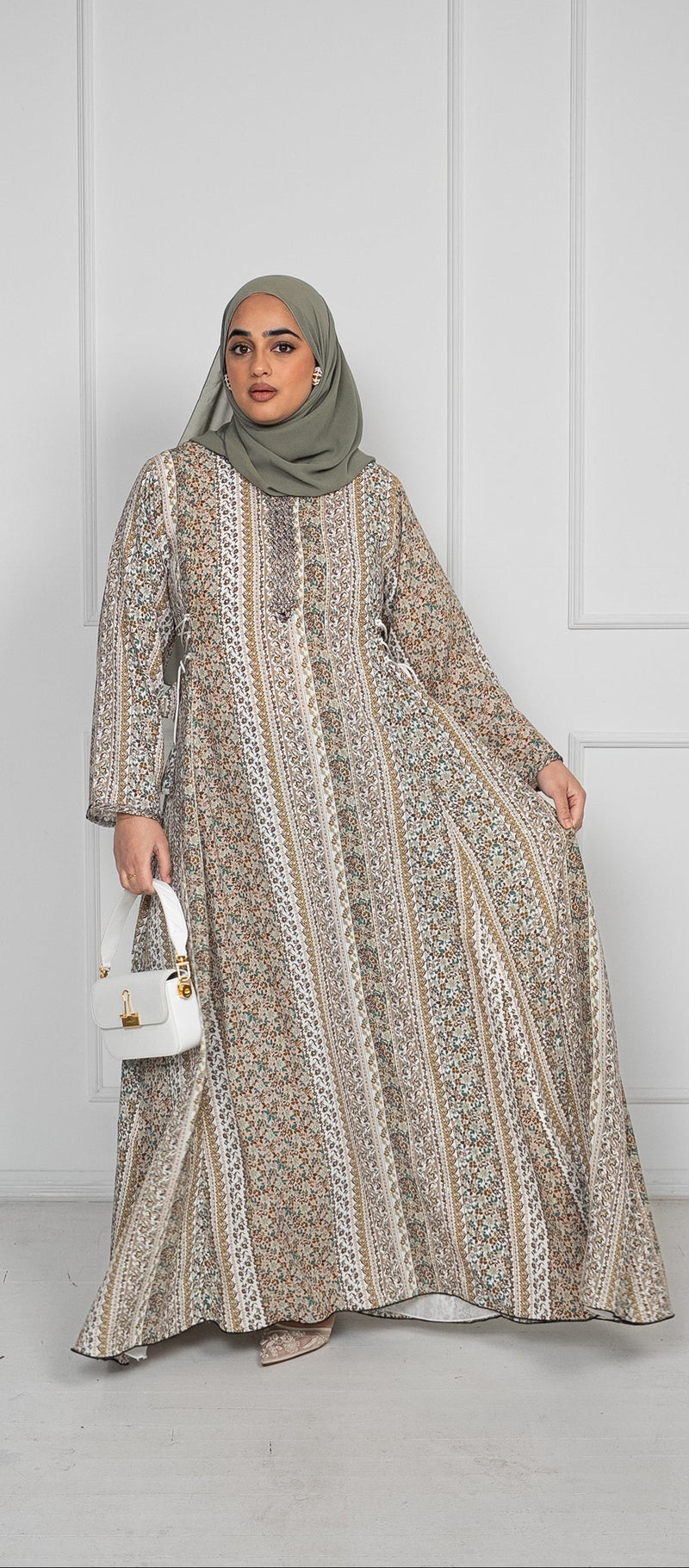 Printed Maxi Dress Abaya with Side Tassels and Embellishment – Sage