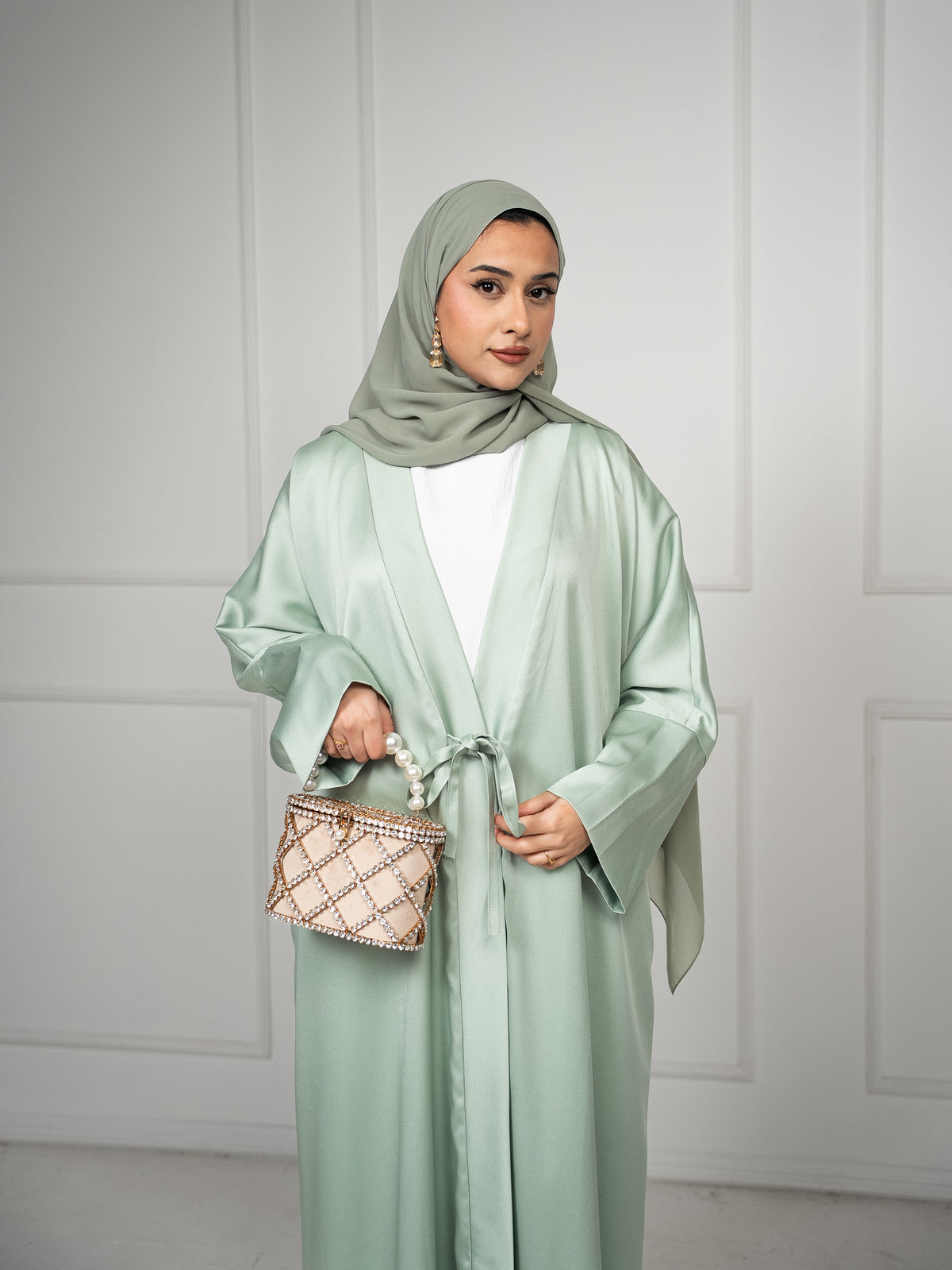 Dua Mint Green Open Tie-Waist Abaya – A-Line Premium Silk-Feel Crepe