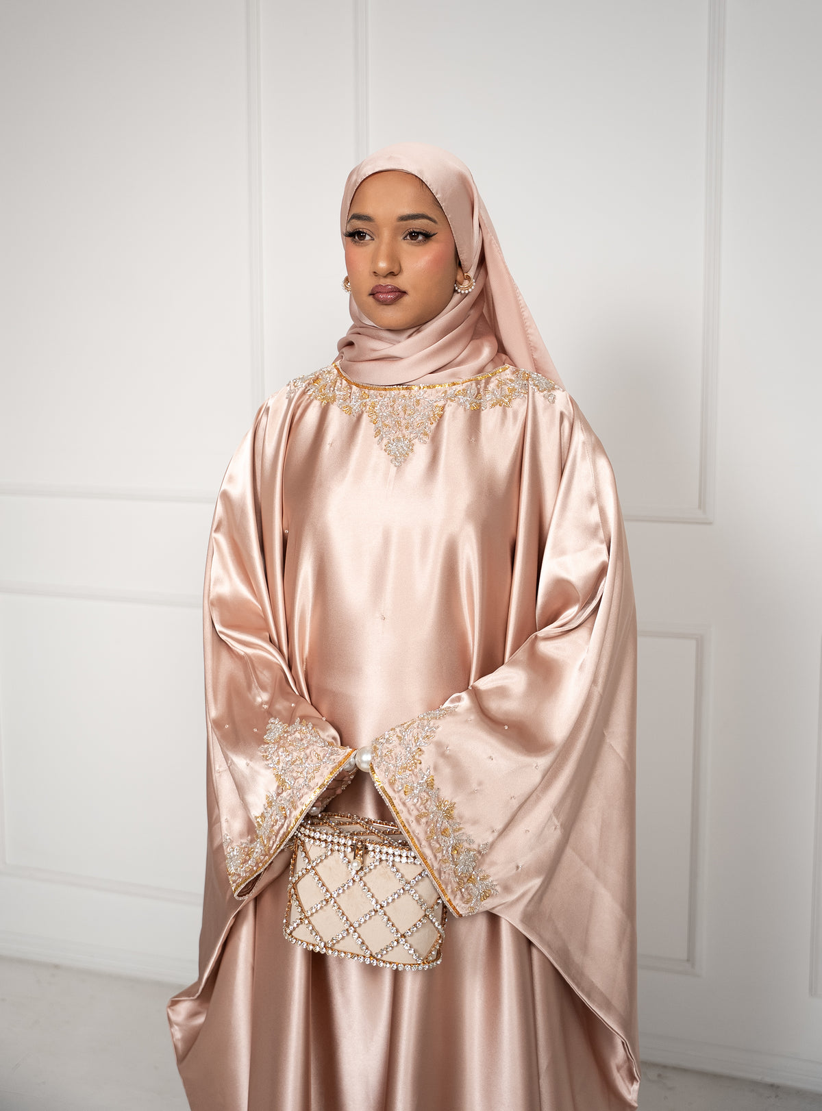 Soft Rose Luxury Satin Kaftan Abaya - Embellished Maxi with Inner Tie Belt