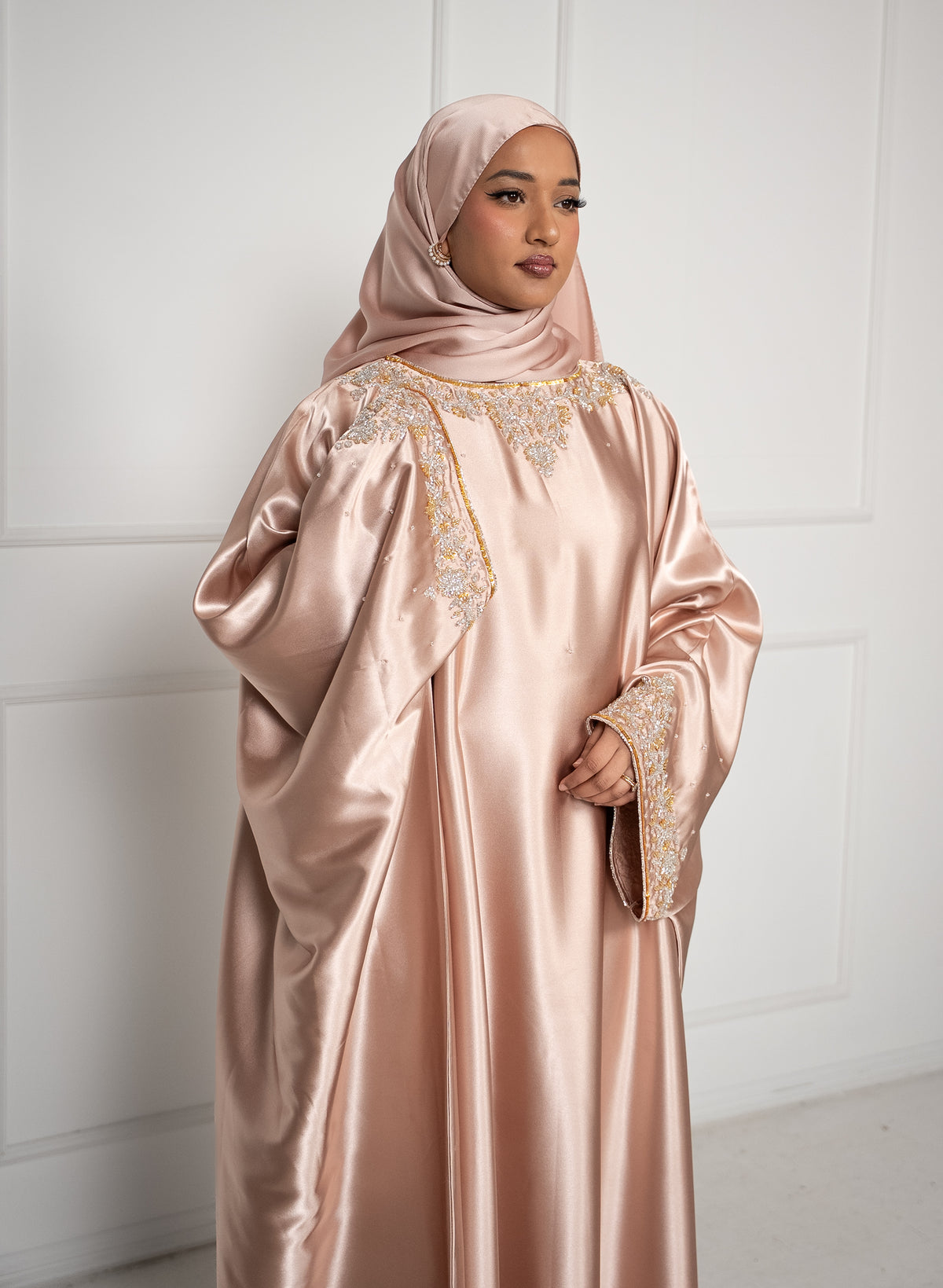 Soft Rose Luxury Satin Kaftan Abaya - Embellished Maxi with Inner Tie Belt