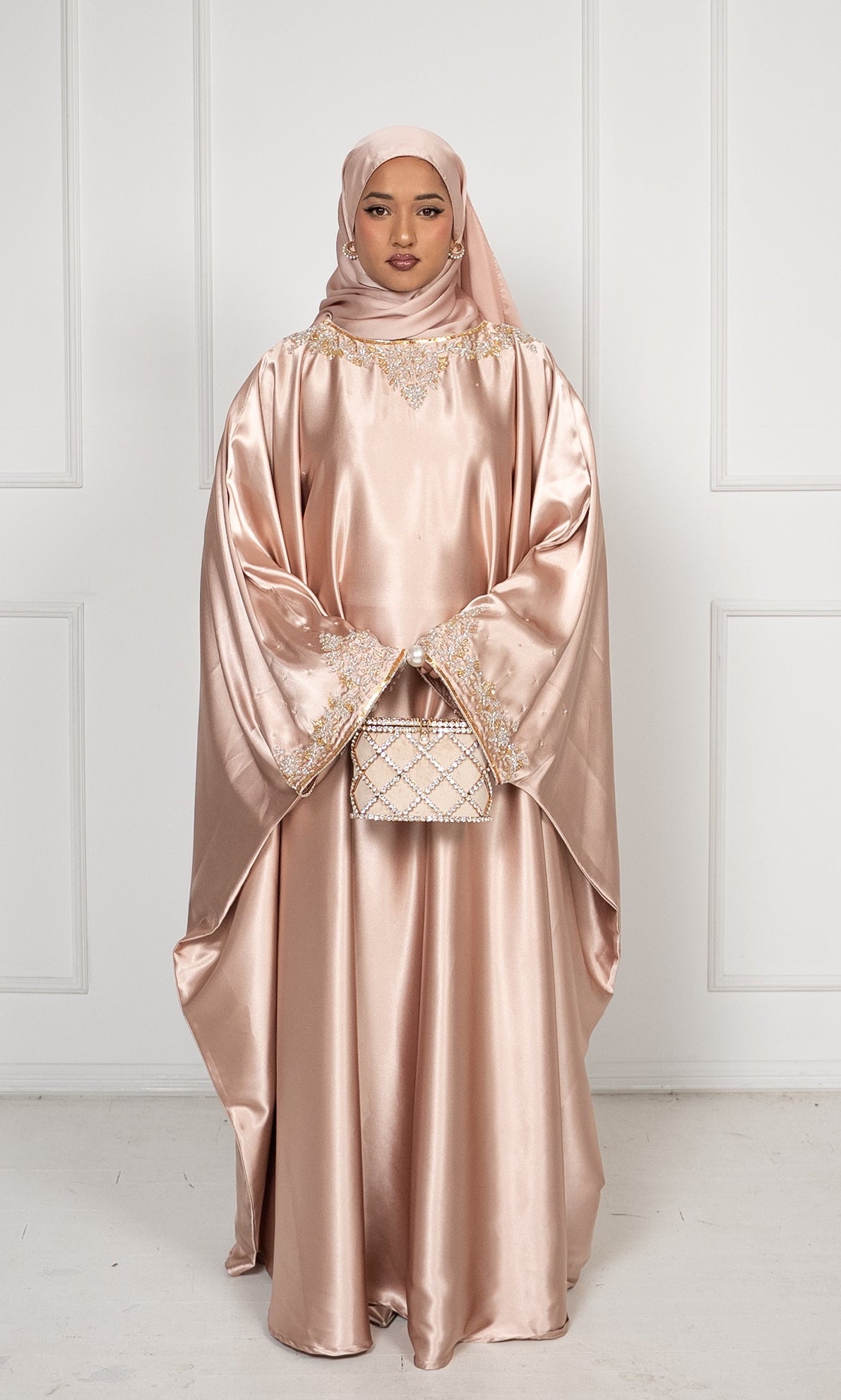 Soft Rose Luxury Satin Kaftan Abaya - Embellished Maxi with Inner Tie Belt