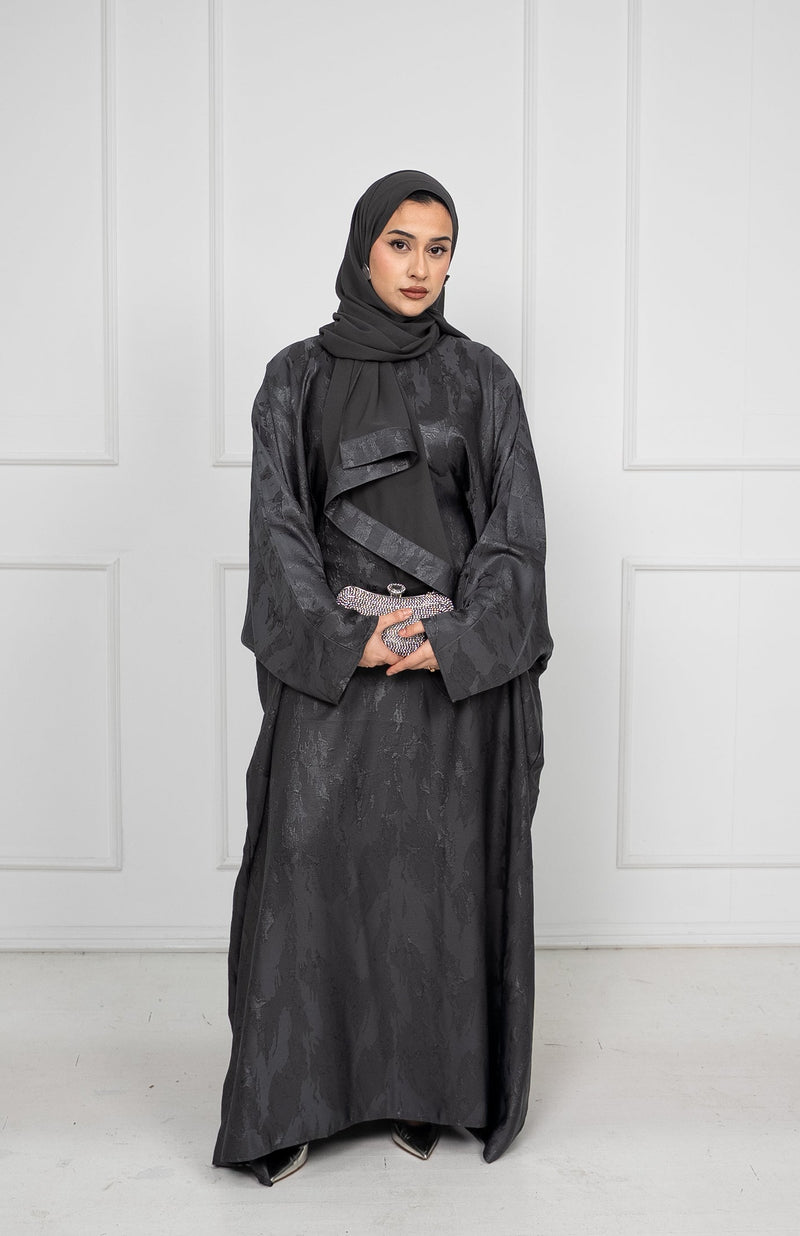 Jacquard Kaftan Abaya Set in Eclipse Grey with Adjustable Inner Belt