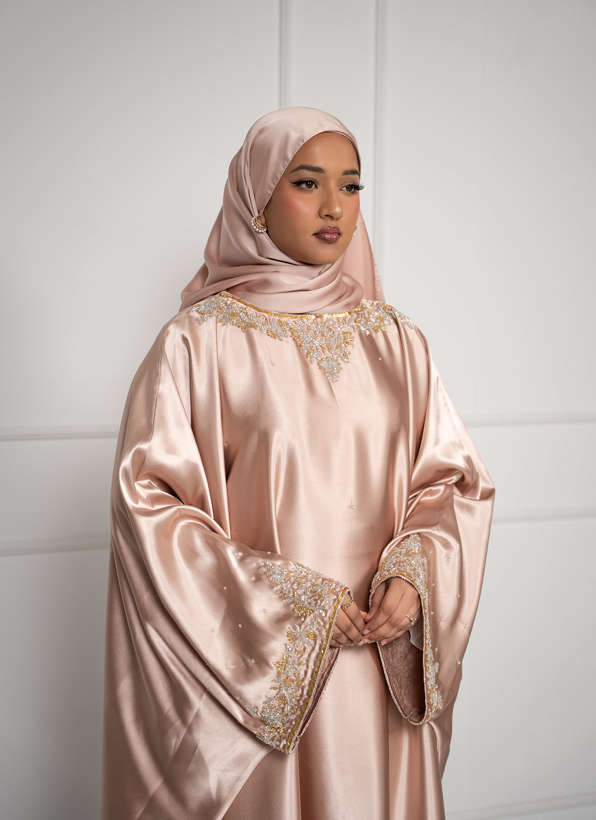 Soft Rose Luxury Satin Kaftan Abaya - Embellished Maxi with Inner Tie Belt