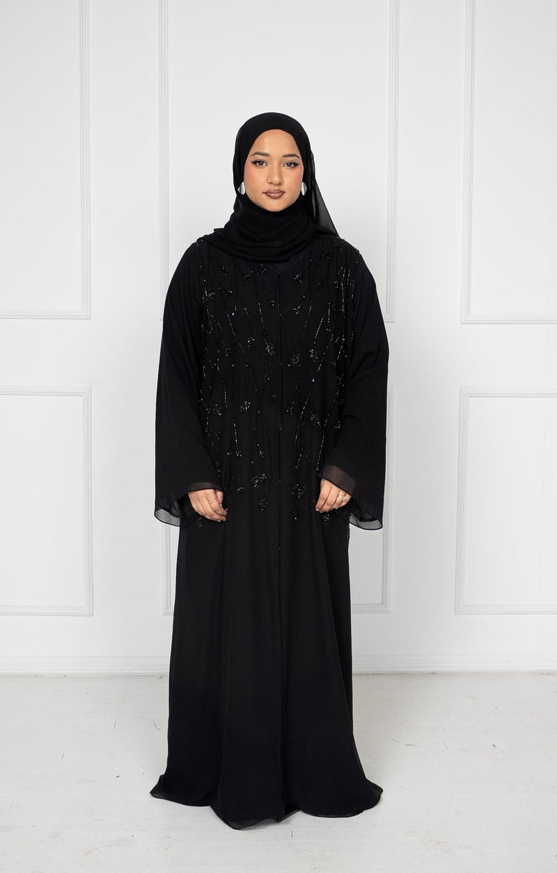 Luxury Beaded Closed Chiffon Statement Abaya - Black
