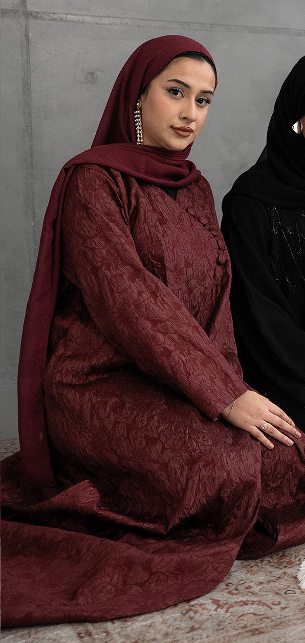 Hibbah Jacquard Abaya with Button Front Closure - Burgundy