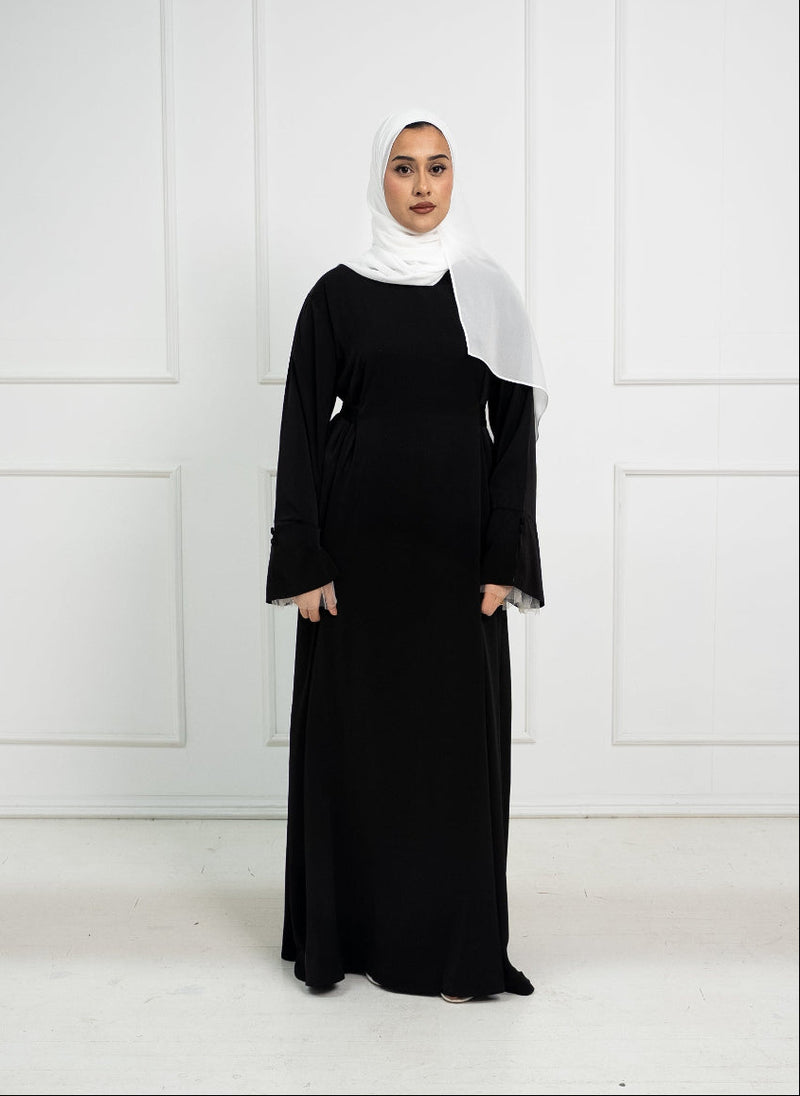 Alara Soft Tie-Back Abaya with Tulle Cuffs – Black