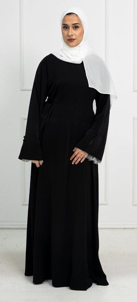 Alara Soft Tie-Back Abaya with Tulle Cuffs – Black