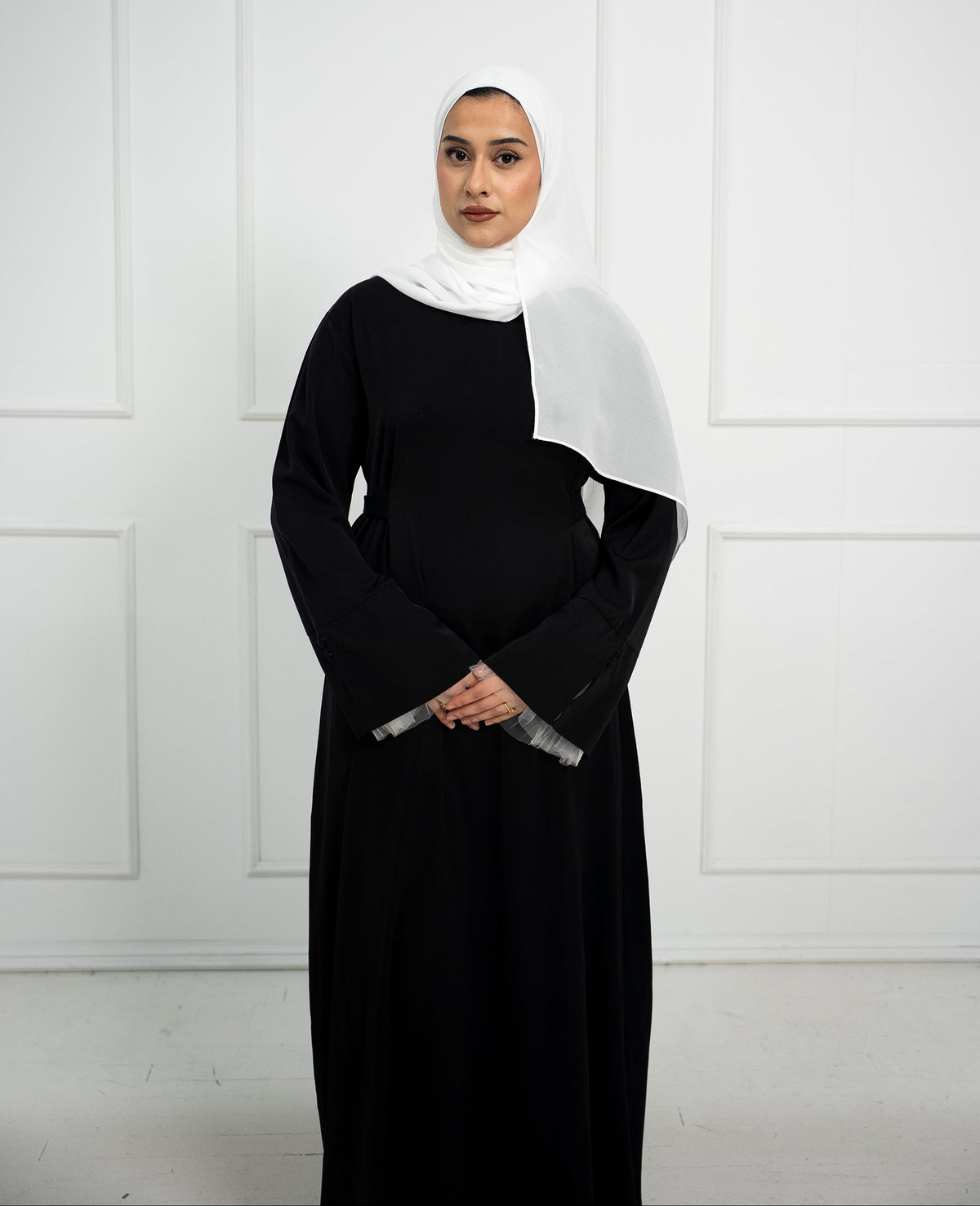 Alara Soft Tie-Back Abaya with Tulle Cuffs – Black