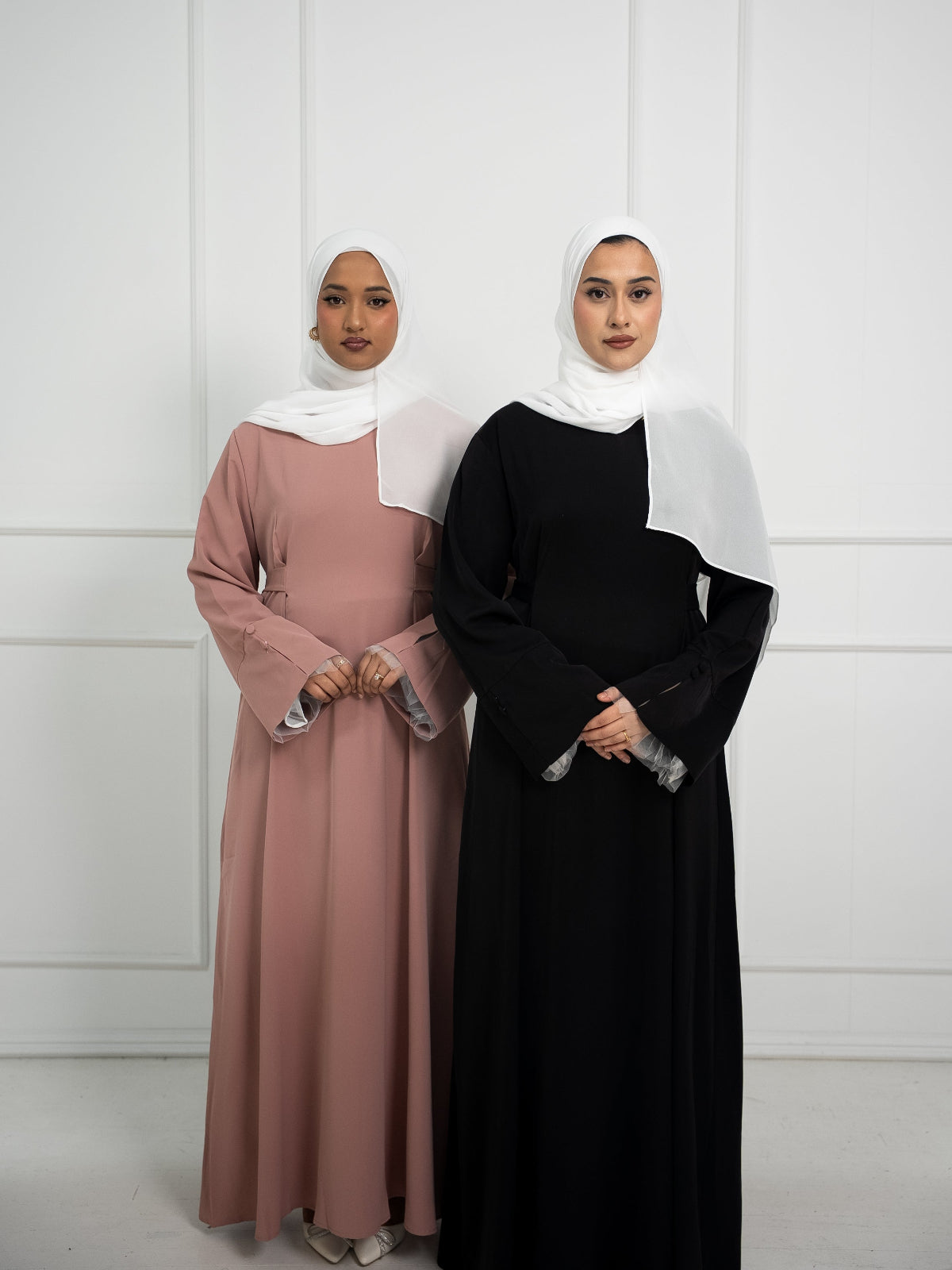 Alara Soft Tie-Back Abaya with Tulle Cuffs – Blush