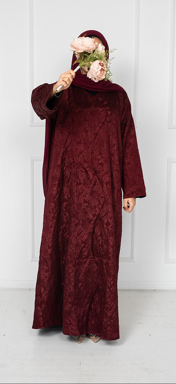 Hibbah Jacquard Abaya with Button Front Closure - Burgundy