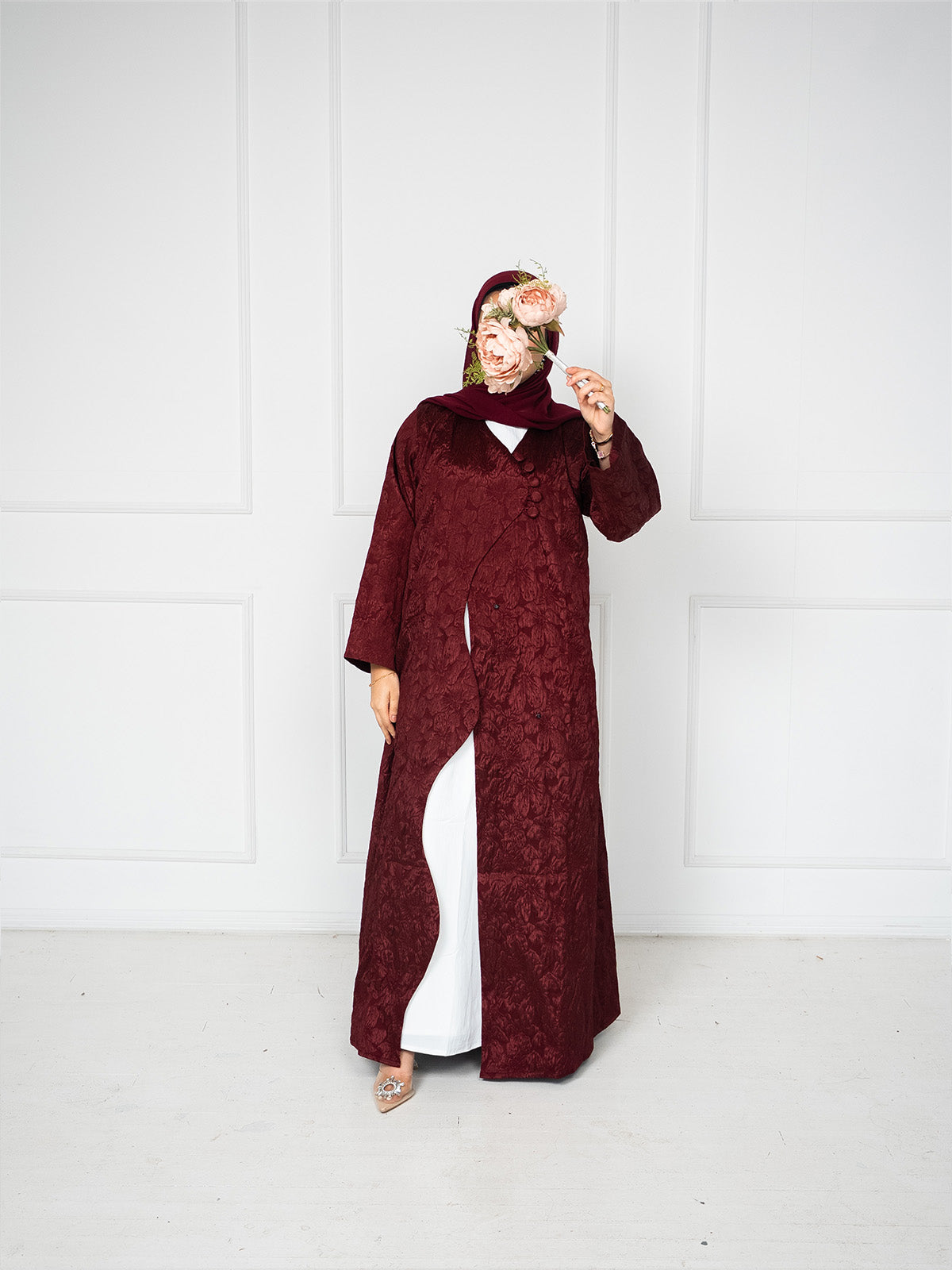 Hibbah Jacquard Abaya with Button Front Closure - Burgundy