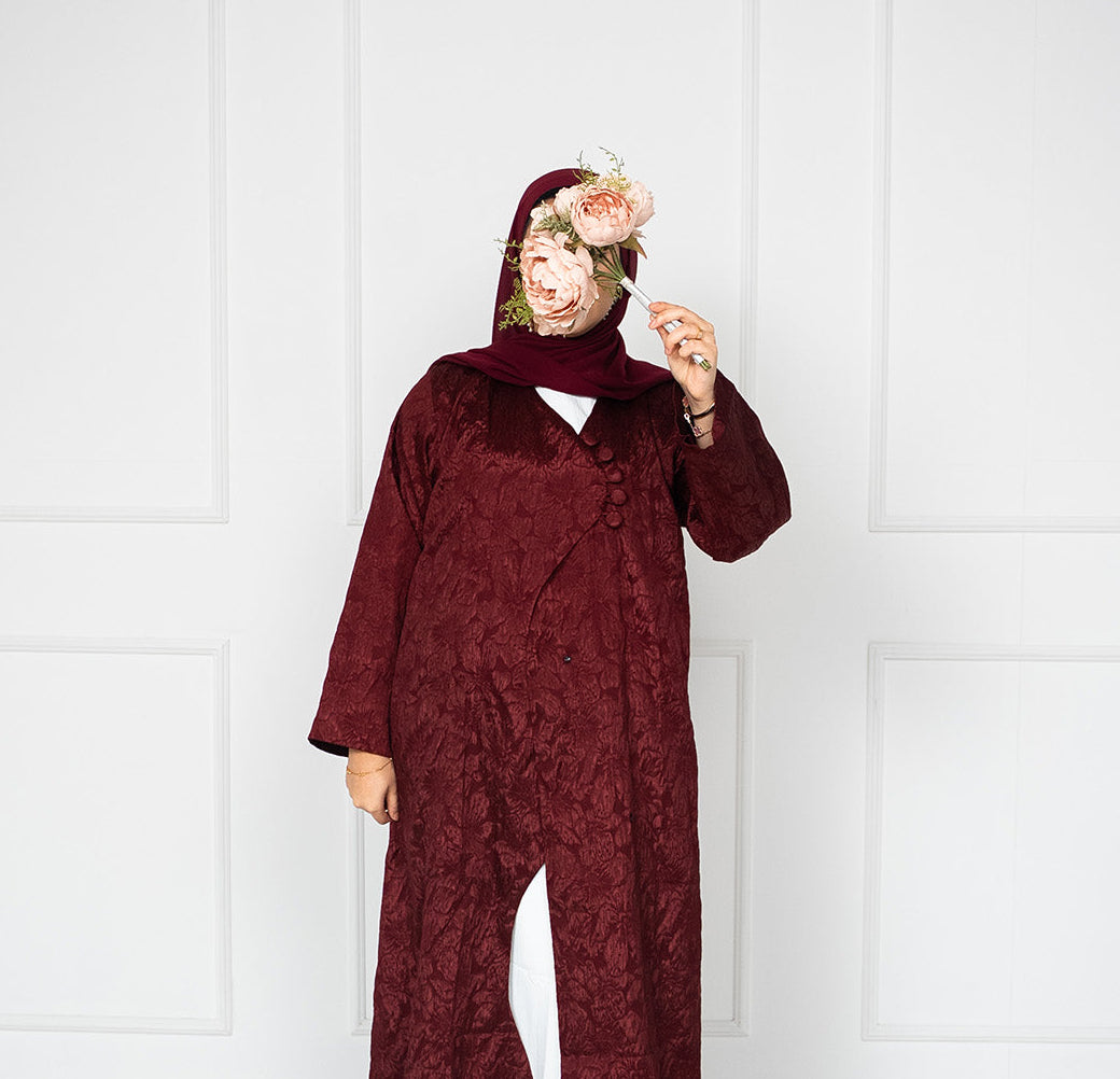 Hibbah Jacquard Abaya with Button Front Closure - Burgundy