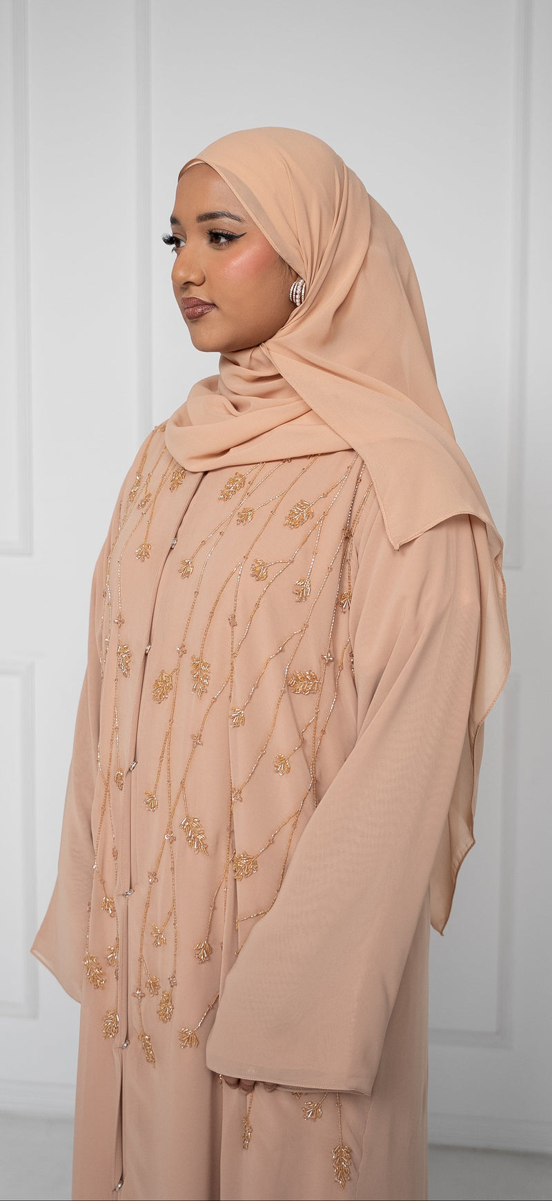 Luxury Beaded Closed Chiffon Statement Abaya - Taupe