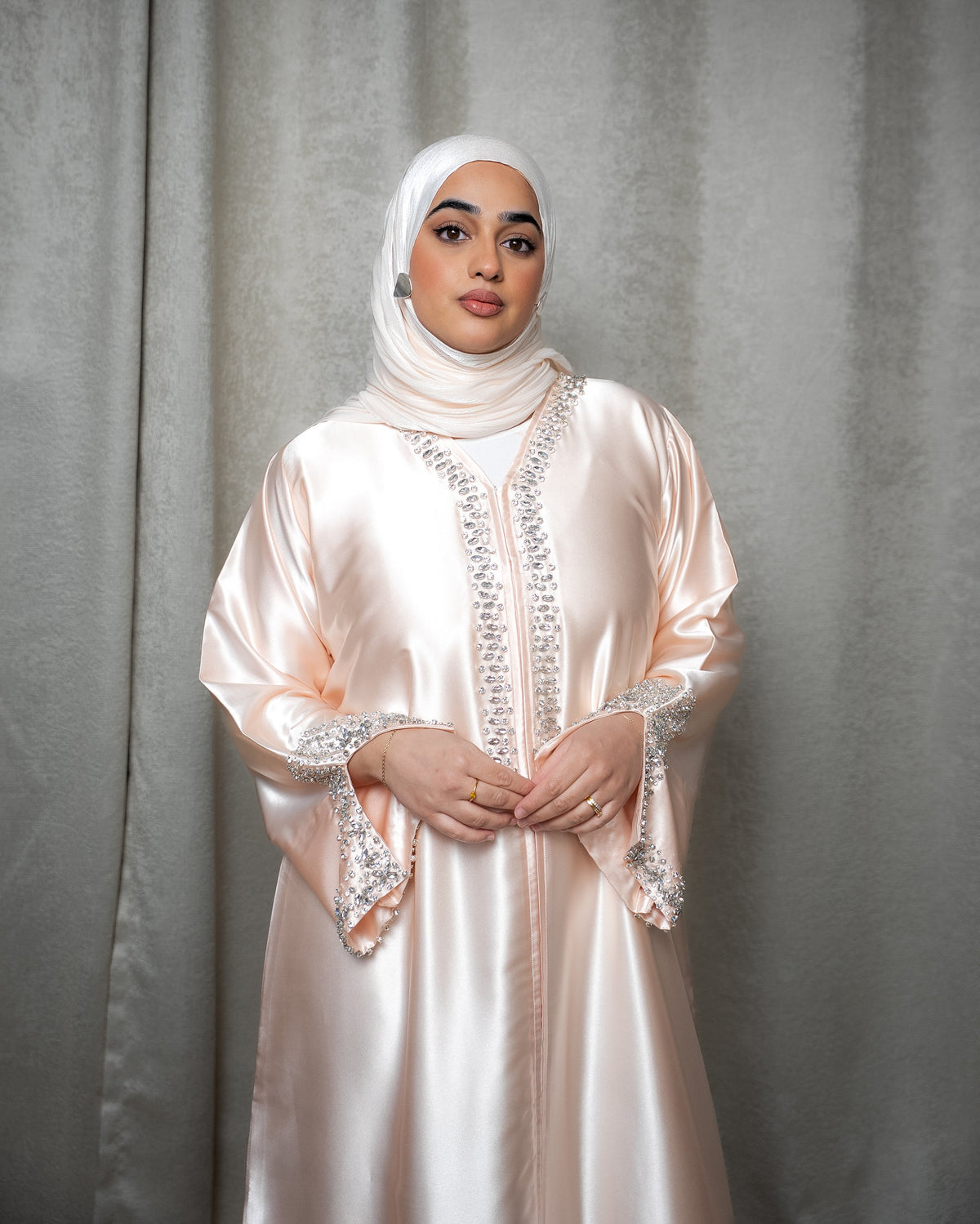 Luxury Satin Crystal Embellished A-Line Maxi Shirt Abaya - Peach
