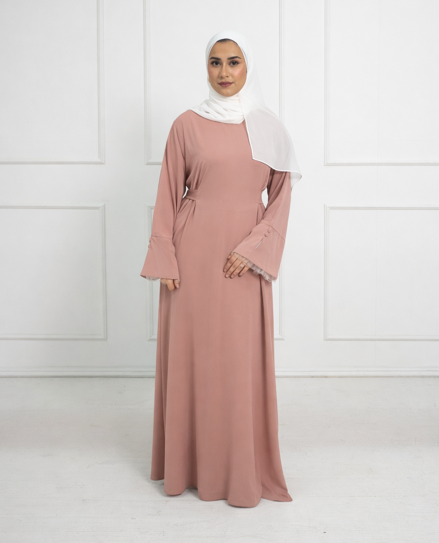 Alara Soft Tie-Back Abaya with Tulle Cuffs – Blush