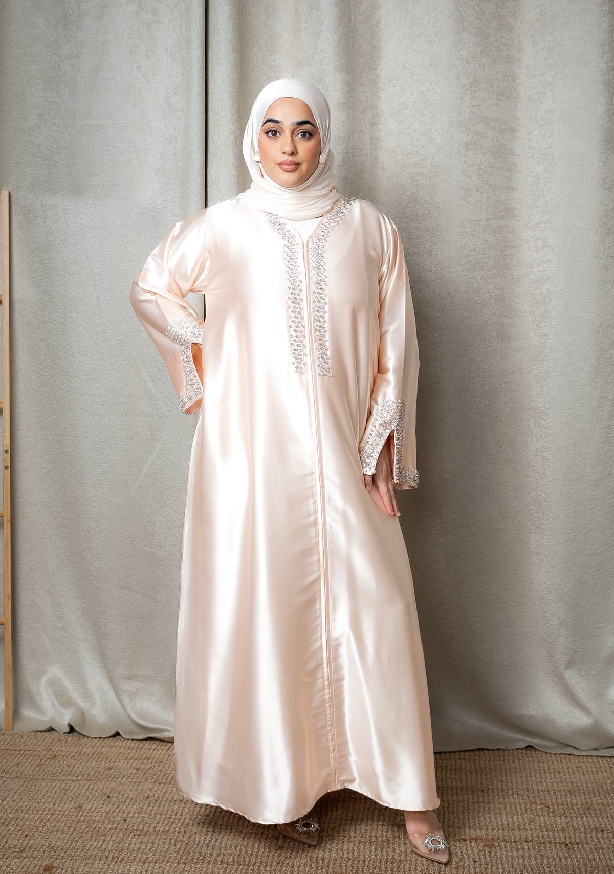 Luxury Satin Crystal Embellished A-Line Maxi Shirt Abaya - Peach