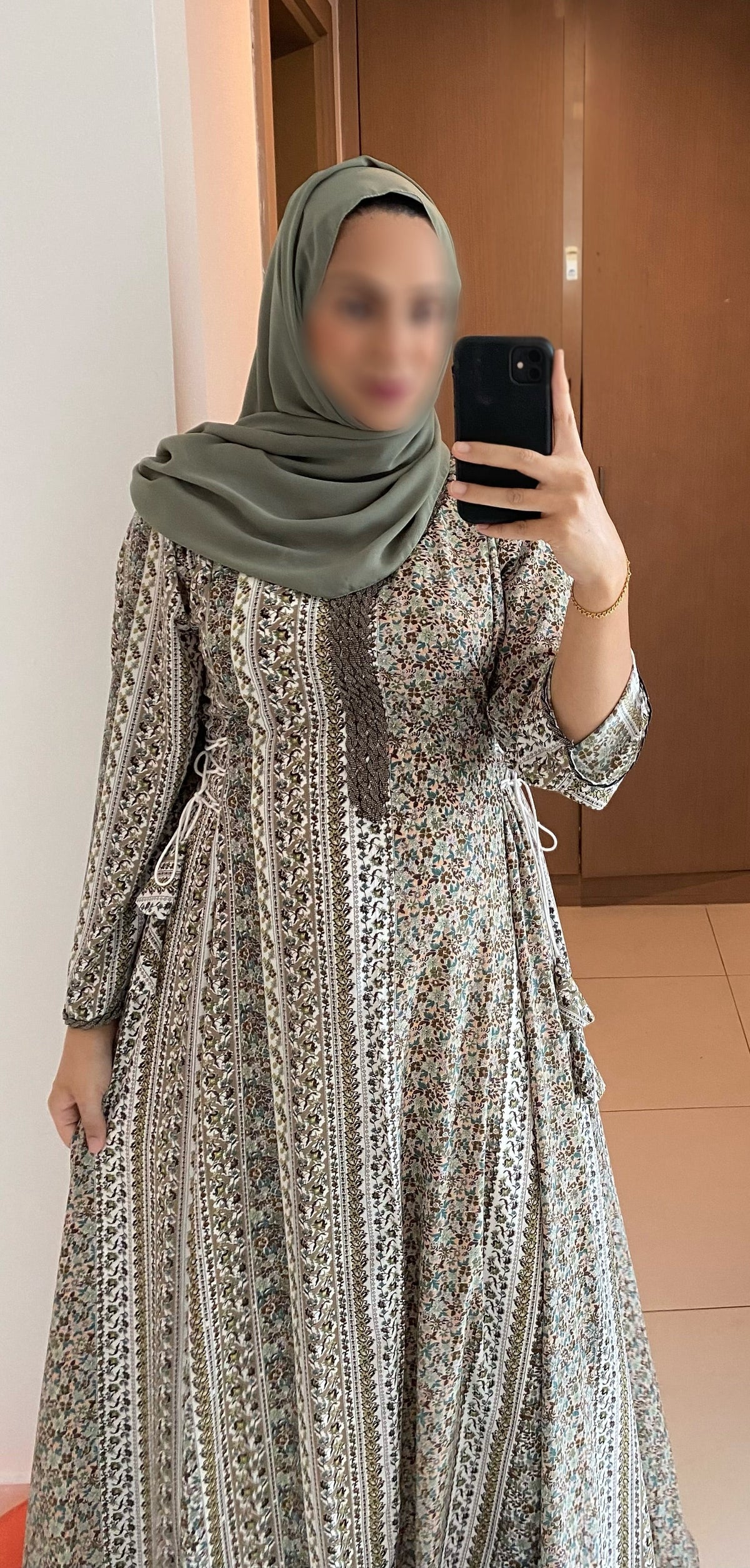 Printed Maxi Dress Abaya with Side Tassels and Embellishment – Sage