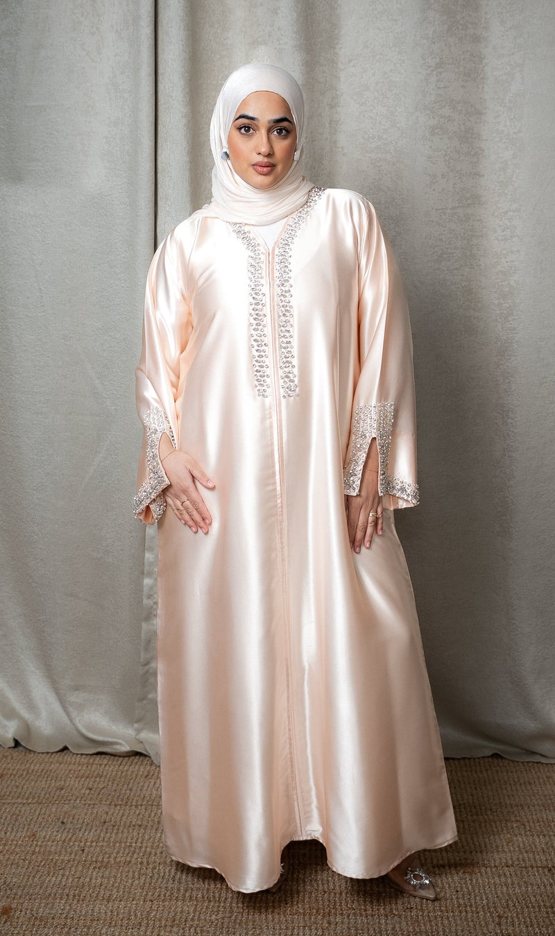 Luxury Satin Crystal Embellished A-Line Maxi Shirt Abaya - Peach