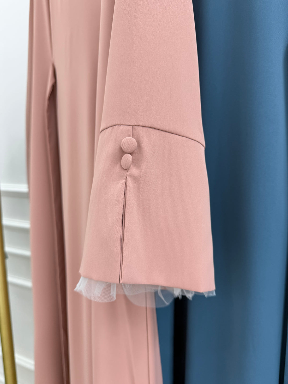 Alara Soft Tie-Back Abaya with Tulle Cuffs – Blush